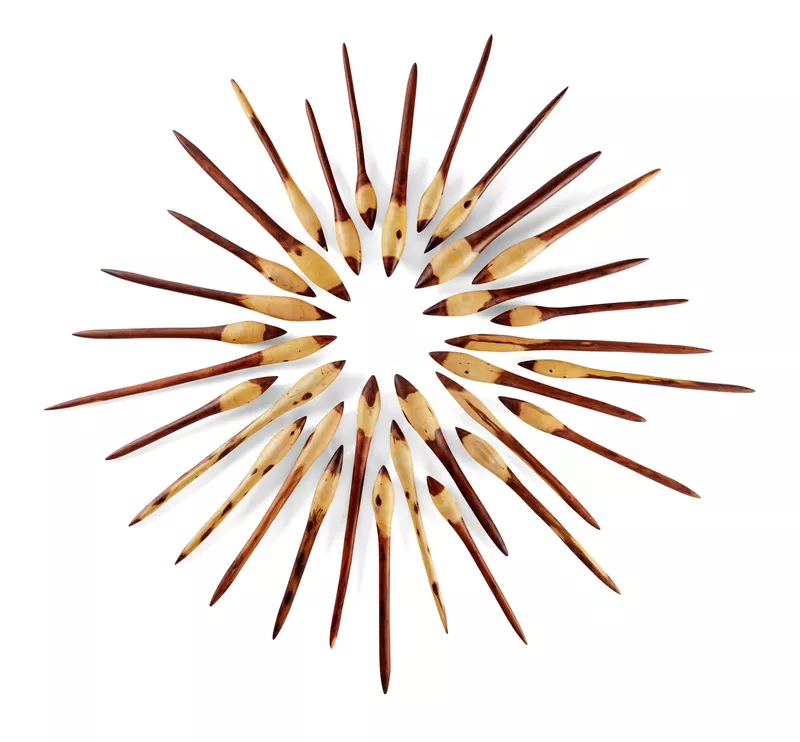 Badger Bates, Barkandji people, New South Wales
born 1947, Wilcannia, New South Wales
Yuku (sun)
detail: Ngatji parripaningku (Rainbow serpent
travelling about), 2019, Broken Hill, New South Wales
wood, shell (dimensions variable)
© Badger Bates
photo: Saul Steed

Badger Bates, Barkandji people, New South Wales, born 1947, Wilcannia, New South Wales, Yuku (sun) detail: Ngatji parripaningku (Rainbow serpent travelling about), 2019, Broken Hill, New South Wales, wood, shell (dimensions variable); © Badger Bates, photo: Saul Steed