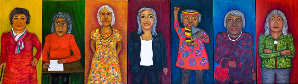 #1 Dorothy#2 Doreen#3 Joanne#4 Marcia#6 Val#6 Lowitja #7 Sandra 7 women who have inspired Sandra throughout her life, inspired by the 7 Sisters in a way,  in that Sandra has painted 7 strong women.Sandra Saunders, Ngarrindjeri people, South Australia, born Millicent, South Australia 1947, Deadly Women, 2021, Wangary, South Australia, oil on canvas, seven panels, 91.0 x 41.0 cm (each) © Sandra Saunders