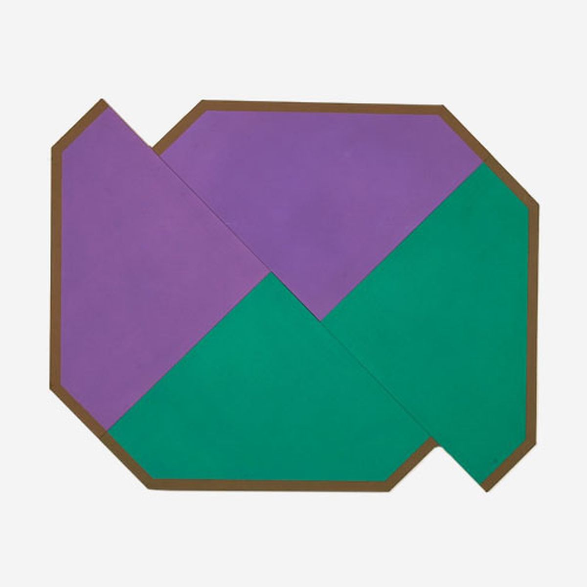 A shaped canvas painting in four sections painted green and purple