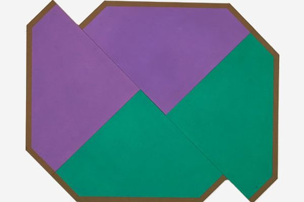 A shaped canvas painting in four sections painted green and purple