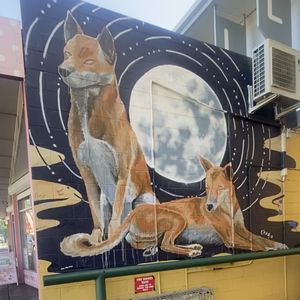 spray painted murriel on wall of two dingos and a moon.