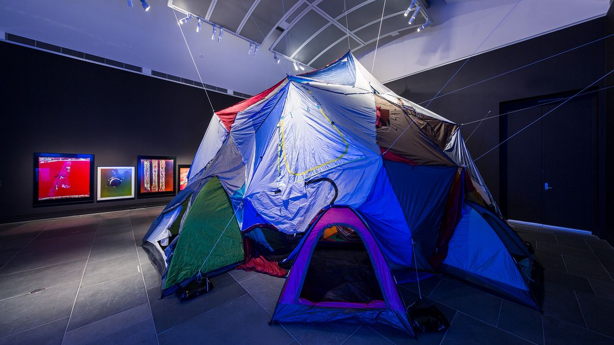 Installation view Ramsay Art Prize, Art Gallery of South Australia, 2017, featuring Keg de Souza, We Built this City and Justine Varga, Antidote, Cerebration, Abrasion, Ripe, Marking Time : photo: Saul Steed