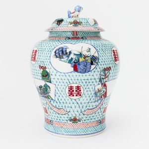 Traditional Asian style porcelain pot with blue enamels and gold lustre