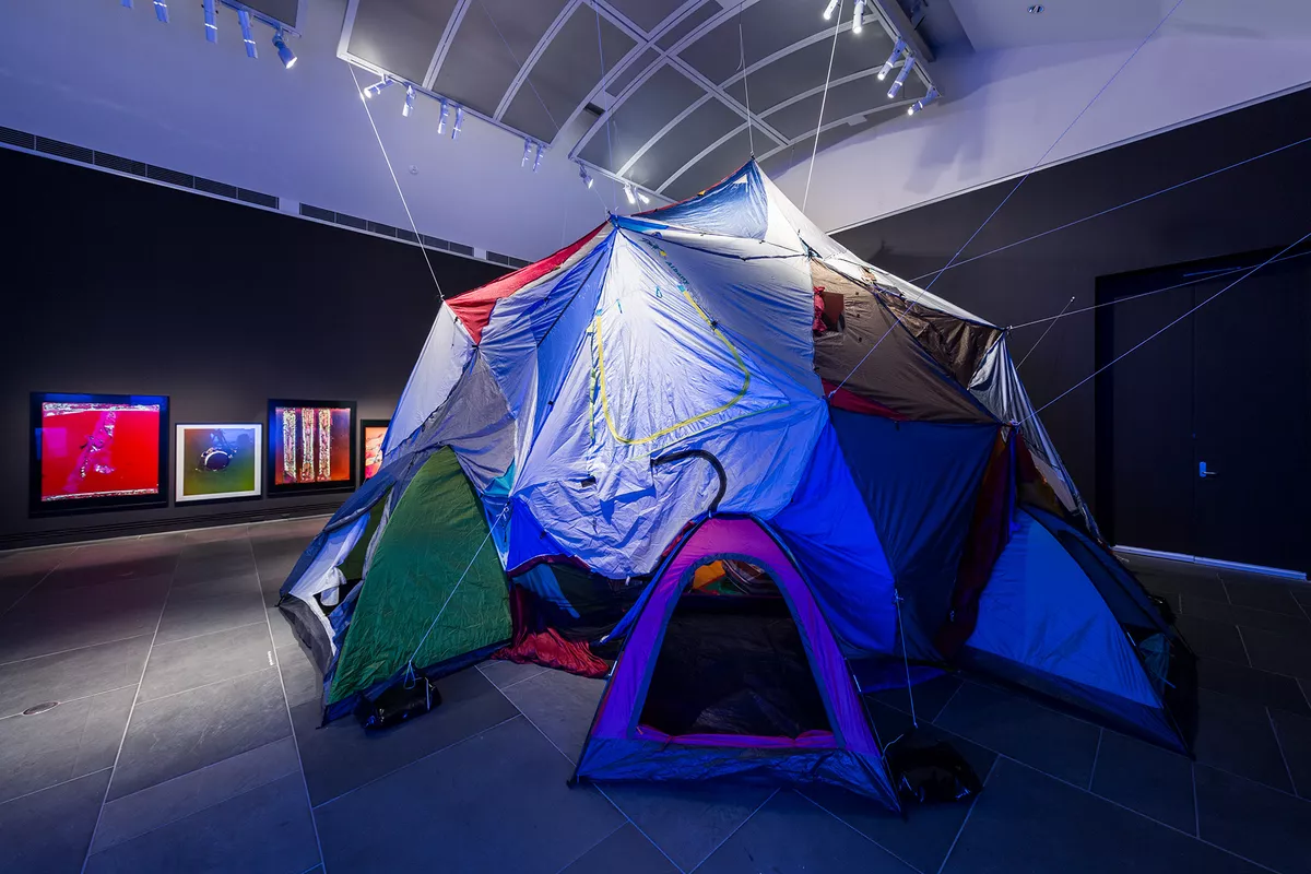 Installation view Ramsay Art Prize, Art Gallery of South Australia, 2017, featuring Keg de Souza, We Built this City and Justine Varga, Antidote, Cerebration, Abrasion, Ripe, Marking Time : photo: Saul Steed