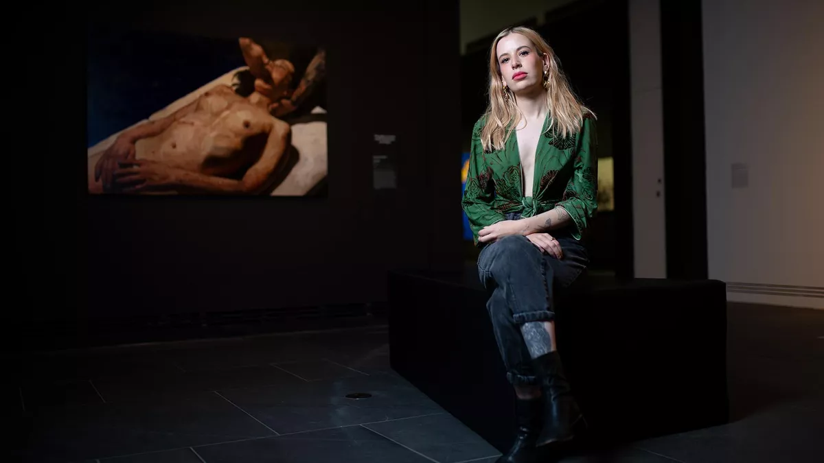 Solomon Kammer with her work Perpetuity, Ramsay Art Prize 2021, Art Gallery of South Australia, Adelaide; photo: Nat Rogers.