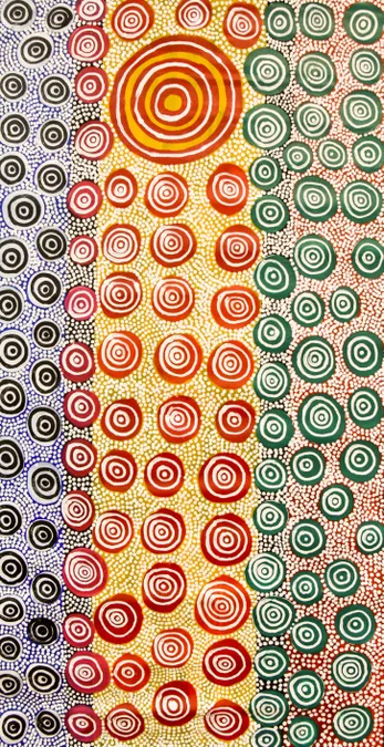 Stephen Pitjara, Alyawarr people, Northern Territory, born 1963, Utopia, Alyawarra, Northern Territory, Wild Communities, 2019, Adelaide, synthetic polymer paint on canvas, 121.0 x 63.0 cm; © Stephen Pitjara.
