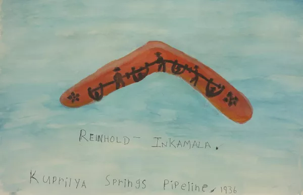 Reinhold Inkamala, Western Aranda people, Northern Territory, born Mparntwe (Alice Springs), Northern Territory 1969, Kuprilya Springs Pipeline 1936, 2021, Mparntwe (Alice Springs), Northern Territory, watercolour on paper, 51.0 x 32.0 cm © Reinhold Inkamala/Iltja Ntjarra Many Hands Art Centre