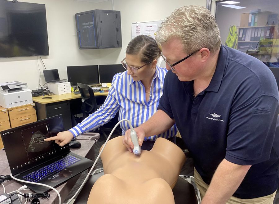 Cookie with ultrasound training dummy with Dr Jessica Kracht
