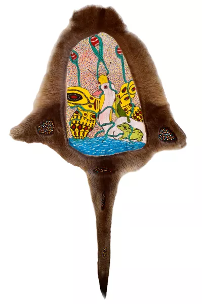 detail: John Prince Siddon, Walmajarri people, Western Australia, born Derby, Western Australia 1964, Fur stories, 2019, Fitzroy Crossing, Western Australia, kangaroo hides (8 parts), synthetic polymer paint, dimensions variable; Acquisition through Tarnanthi: Festival of ContemporaryAboriginal & Torres Strait Islander Art supported by BHP 2020 Art Gallery of South Australia, Adelaide © John Prince Siddon/Mangkaja Arts Resource Agency