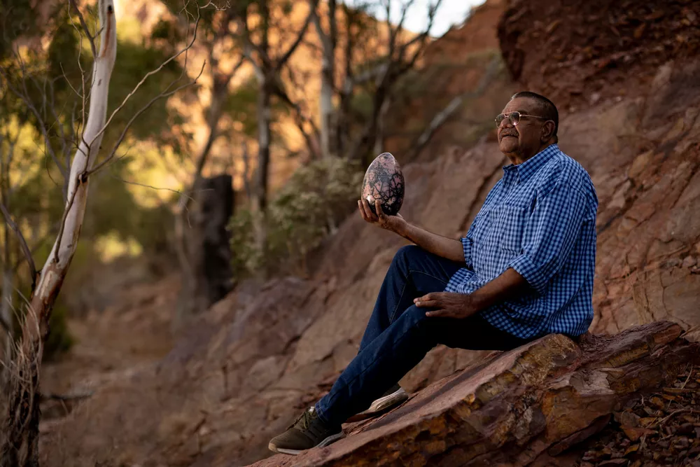 Wangkangurru and Adnyamathanha artist Donny McKenzie with his ceramic work in Port Augusta, Nukunu Country, South Australia