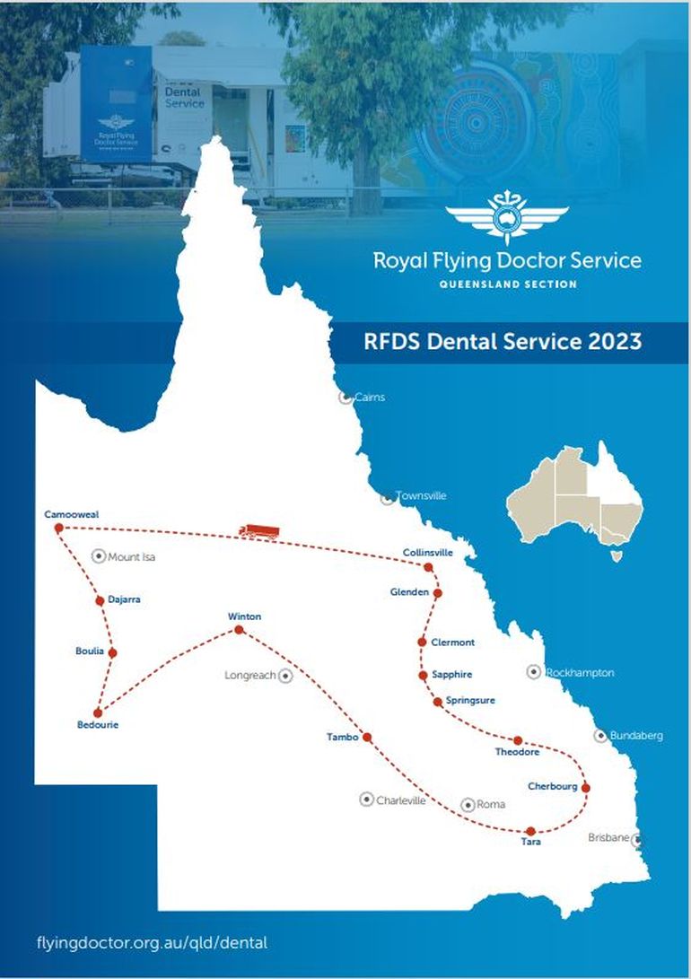 A map of Queensland with red lines pointing to the locations the Dental Truck visits.