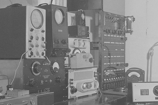 Vintage radio equipment inside a recording studio, circa 1938.