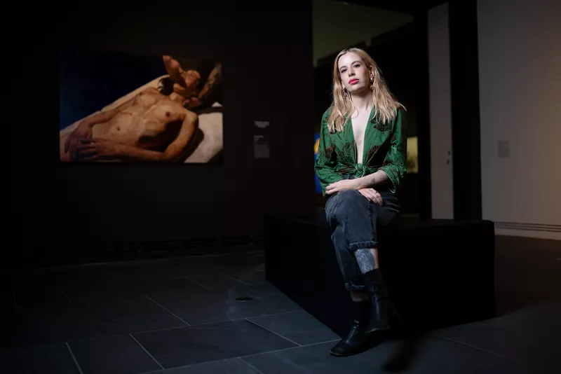 Solomon Kammer with her work Perpetuity, Ramsay Art Prize 2021, Art Gallery of South Australia, Adelaide; photo: Nat Rogers.