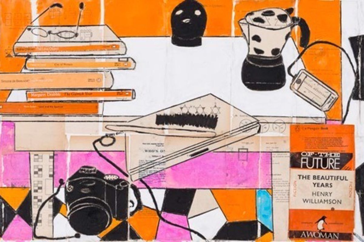 painted images in orange and black of a camera, book cover, coffee pot, glasses and table.