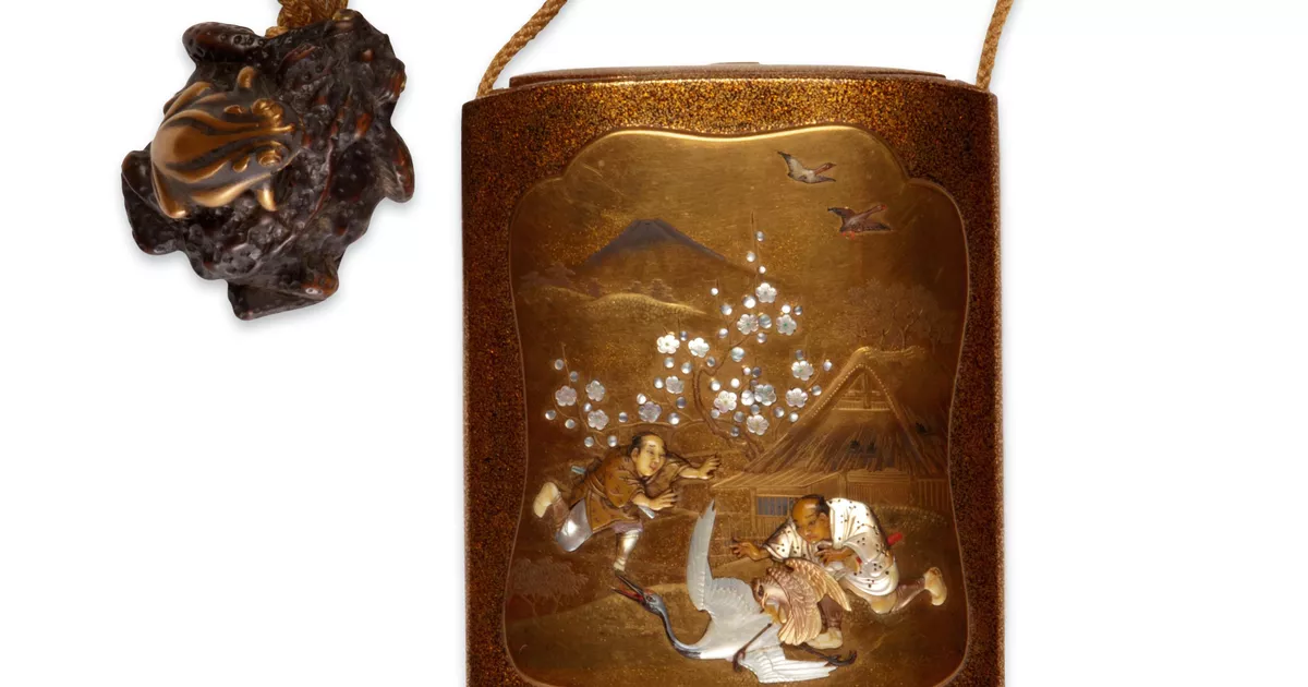 Inro, 5 cases, with two farmers, falcon attacking crane, and Mount
