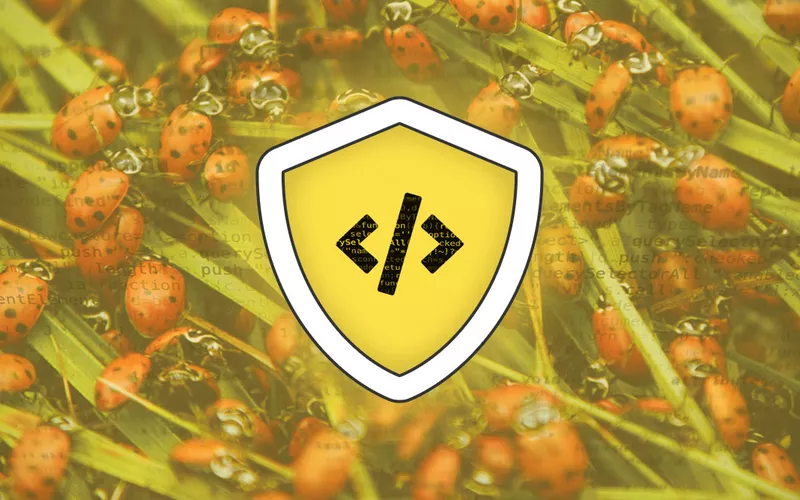 Digital illustration showing the symbol for code within a shield surrounded by a photo of an infestation of insects.