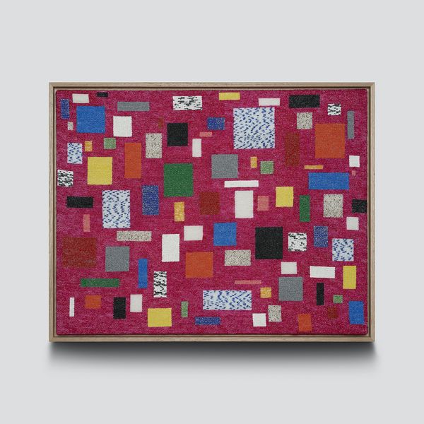 A predominantly pink tapestry artwork with squares of mixed colour produced reusing plastic waste