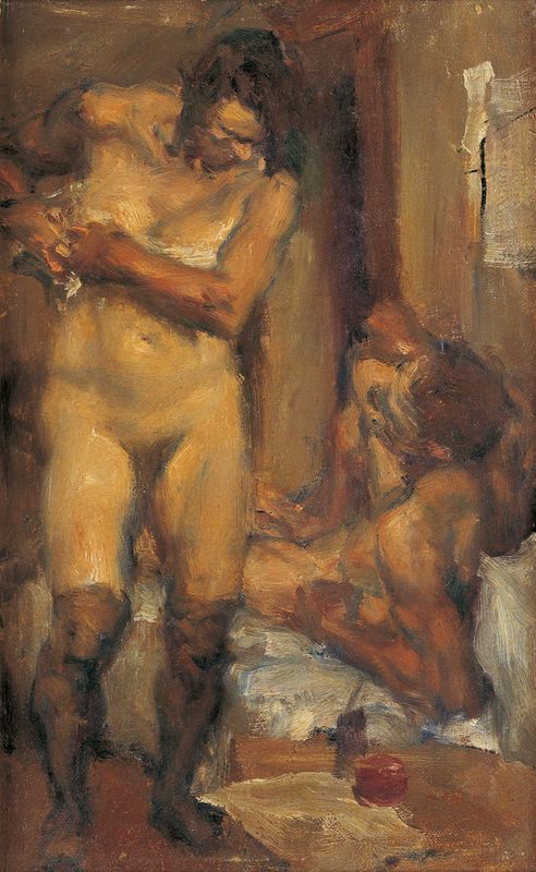 Studio interior with nude couple c.1935 oil on canvas laid on pulpboard. 