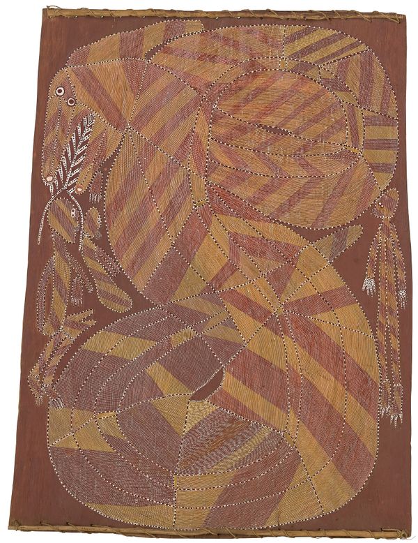 A bark carving by artist John Mawurndjul of Ngalyod, the Rainbow Serpent at Dilebang