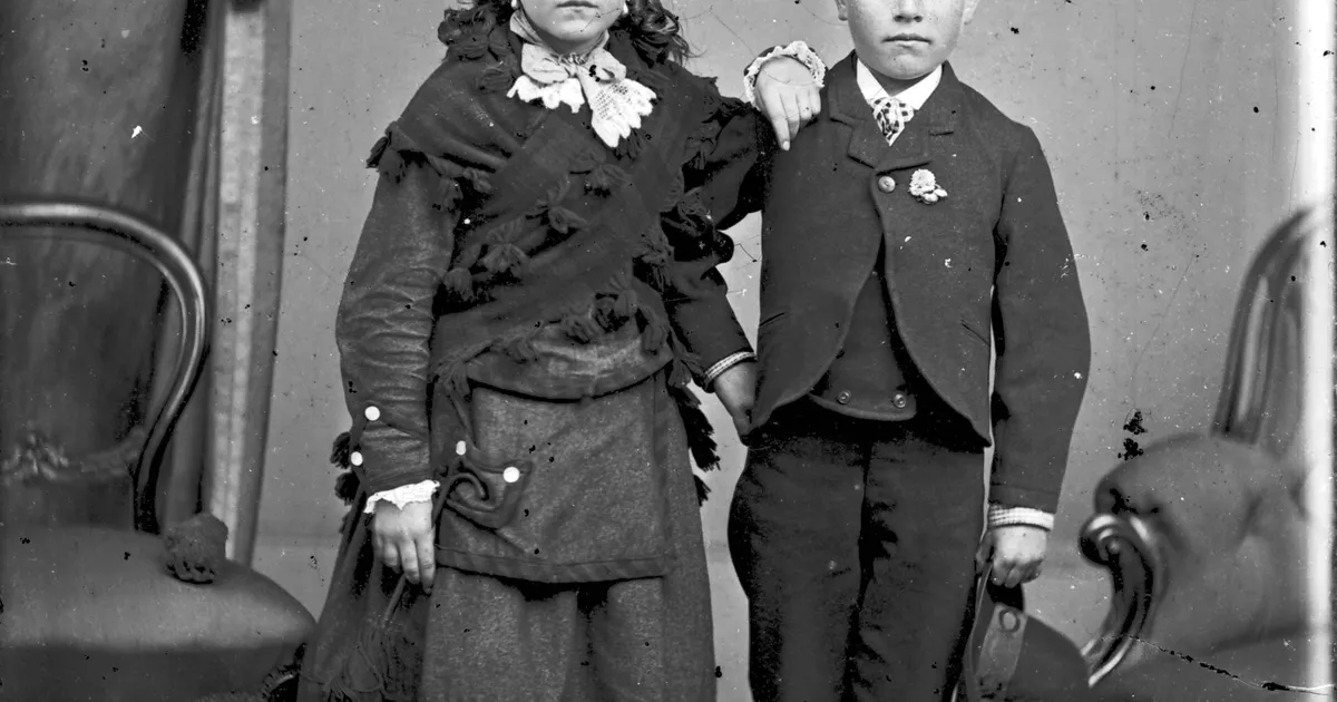 Studio portrait of two children, little boy with hat at side - AGSA ...