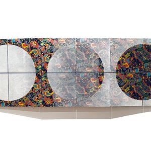 An expansive artwork displaying three big circles made out of four prominent circles, each uniquely designed. Set against a textured background. Each piece highlights circular shapes,  varying in colour and style, creating a visually engaging composition.