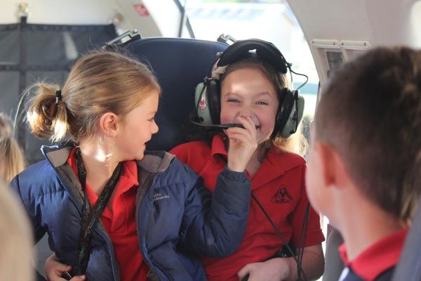 Lucy O'Connor and Bridget Marshall, Avoca Primary School enjoying the simulator experience