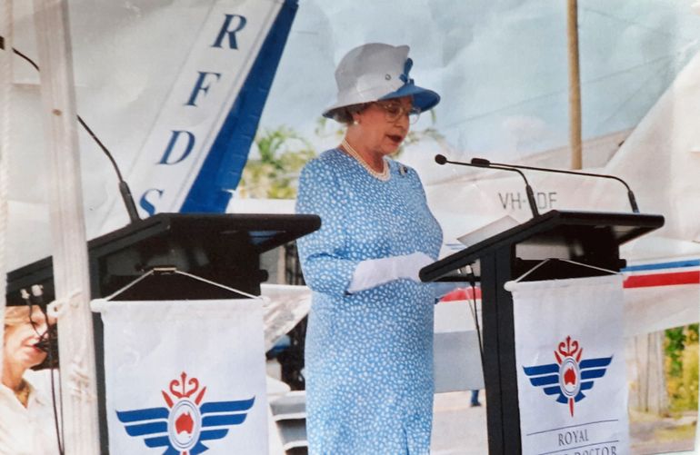 Queen Elizabeth II standing at the lectern at the RFDS Cairns Base