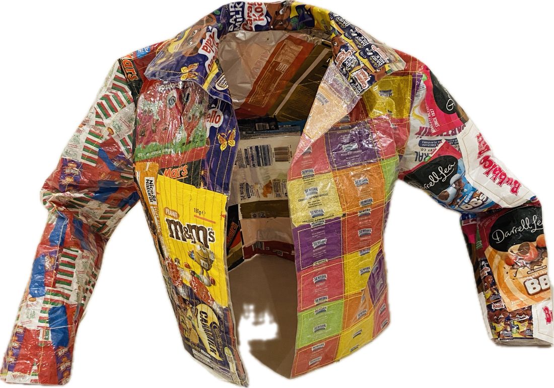 A jacket made out of chip packets on a white background