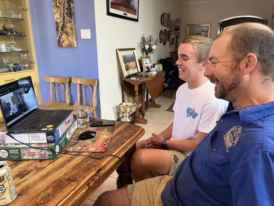 Squid and Big Bert are pictured taking part in the on-line interview with podcast host Lana, for the Flying Doctor podcast 