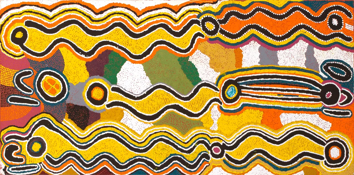 Judy Napangardi Watson, Warlpiri people, Northern Territory, born c.1925, Yarungkanji, Mt. Doreen Station, Yuendumu, Northern Territory, died 2016, Karnta Jukurrpa (Women's Dreaming), 1996, Yuendumu, Northern Territory, synthetic polymer paint on canvas, 91.0 x 46.0 cm; Flinders University Art Museum Collection 3142, © Judy Napangardi Watson/ Warlukurlangu Artists Aboriginal Corporation, photo: Flinders University Art Museum.