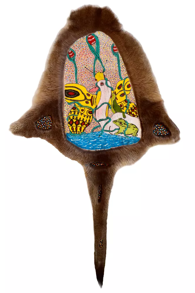 detail: John Prince Siddon, Walmajarri people, Western Australia, born Derby, Western Australia 1964, Fur stories, 2019, Fitzroy Crossing, Western Australia, kangaroo hides (8 parts), synthetic polymer paint, dimensions variable; Acquisition through Tarnanthi: Festival of ContemporaryAboriginal & Torres Strait Islander Art supported by BHP 2020 Art Gallery of South Australia, Adelaide © John Prince Siddon/Mangkaja Arts Resource Agency