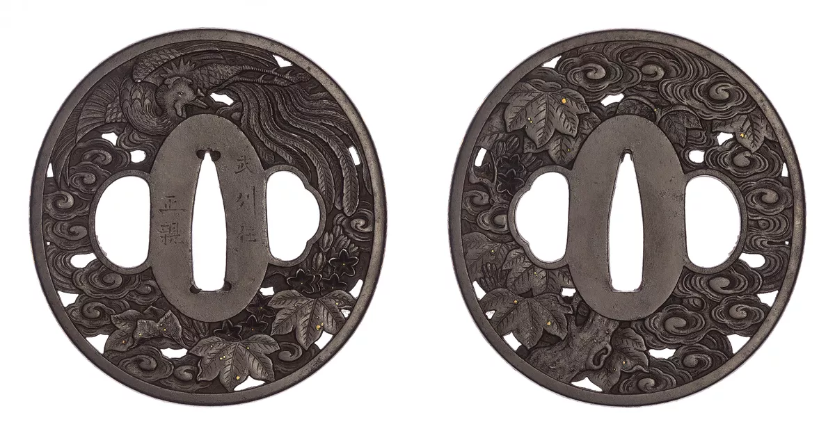 Tsuba, obverse: waves, maple leaves; reverse: phoenix, maple leaves ...