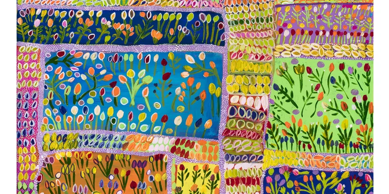 Gwenneth Blitner, Marra/Nunggubuyu people, Northern Territory, born Ngukurr, Northern Territory 1958, Ngukurr Cemetery N#3, 2021, Ngukurr, Northern Territory, synthetic polymer paint on linen, 100.0 x 100.0 cm © Gwenneth Blitner/Ngukurr Arts Aboriginal Corporation