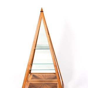 Wooden and glass pyramid shaped display case with document box