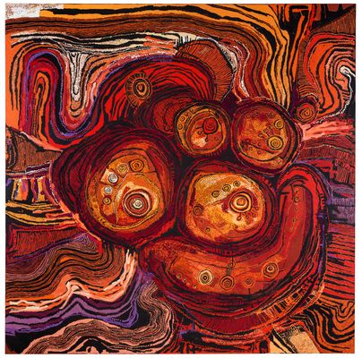 Nyunmiti Burton, Pitjantjatjara people, South Australia, born Mparntwe (Alice Springs), Northern Territory 1960, Kungkarangkalpa – Seven Sisters, 2020, Adelaide, synthetic polymer paint on linen, 290.0 x 290.0 cm; Gift of Anna Baillie-Karas, Mary Choate, Amanda Harkness, Jacqui McGill, Peter and Pamela McKee, Zena Winser through the Art Gallery of South Australia Foundation 20th Anniversary Collectors Club 2020 Art Gallery of South Australia, Adelaide c Nyunmiti Burton/APY Art Centre Collective