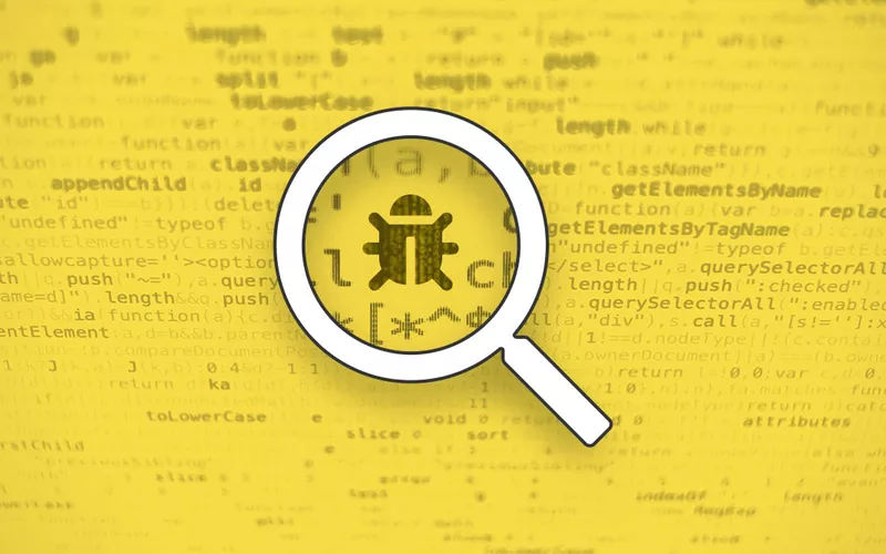 Digital illustration showing a magnifying glass icon zooming into a section of computer code and displaying a bug symbol.