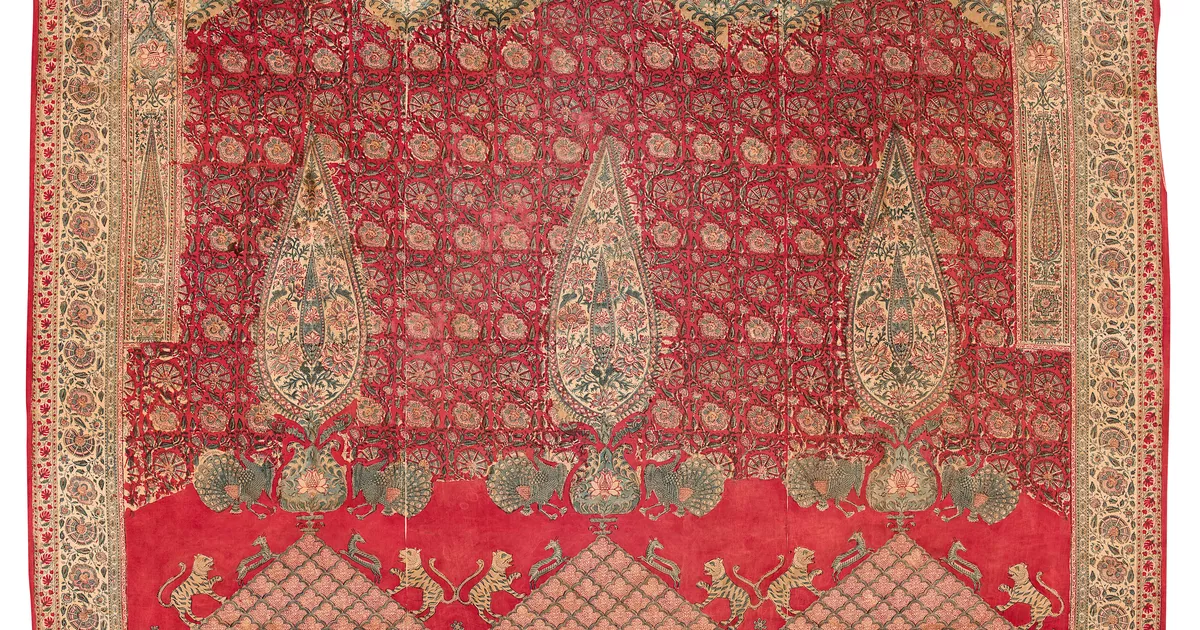 Ceremonial cloth and sacred heirloom, with three stylised cypress trees ...