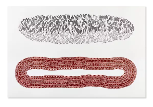 Teho Ropeyarn, Angkamuthi/Yadhaykana (Northern Cape York) people, Queensland, born Mount Isa, Queensland 1988, Ayarra (rainy season), 2021, Cairns, Queensland, vinyl‑cut print on paper, 150.0 x 230.0 cm © Teho Ropeyarn/Onespace Gallery, Brisbane