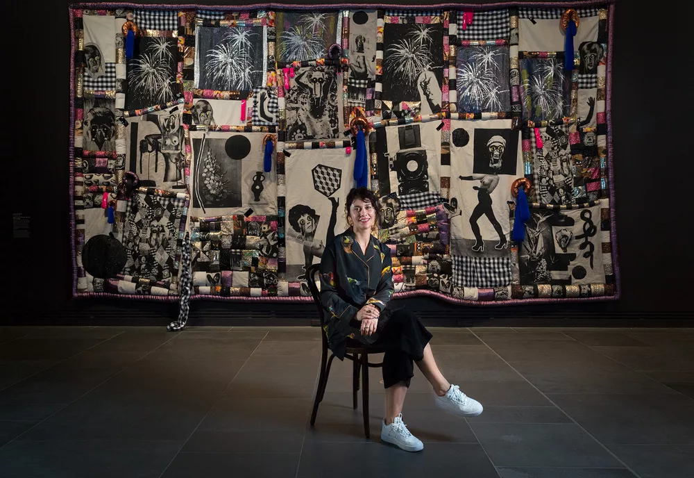 2017 Ramsay Art Prize winner Sarah Contos with her work Sarah Contos Presents: The Long Kiss Goodbye, Art Gallery of South Australia: photo: Saul Steed