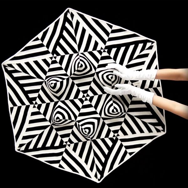 two arms and white gloved hands cupping part of the pattern created by the black and white illusion quilt in the background