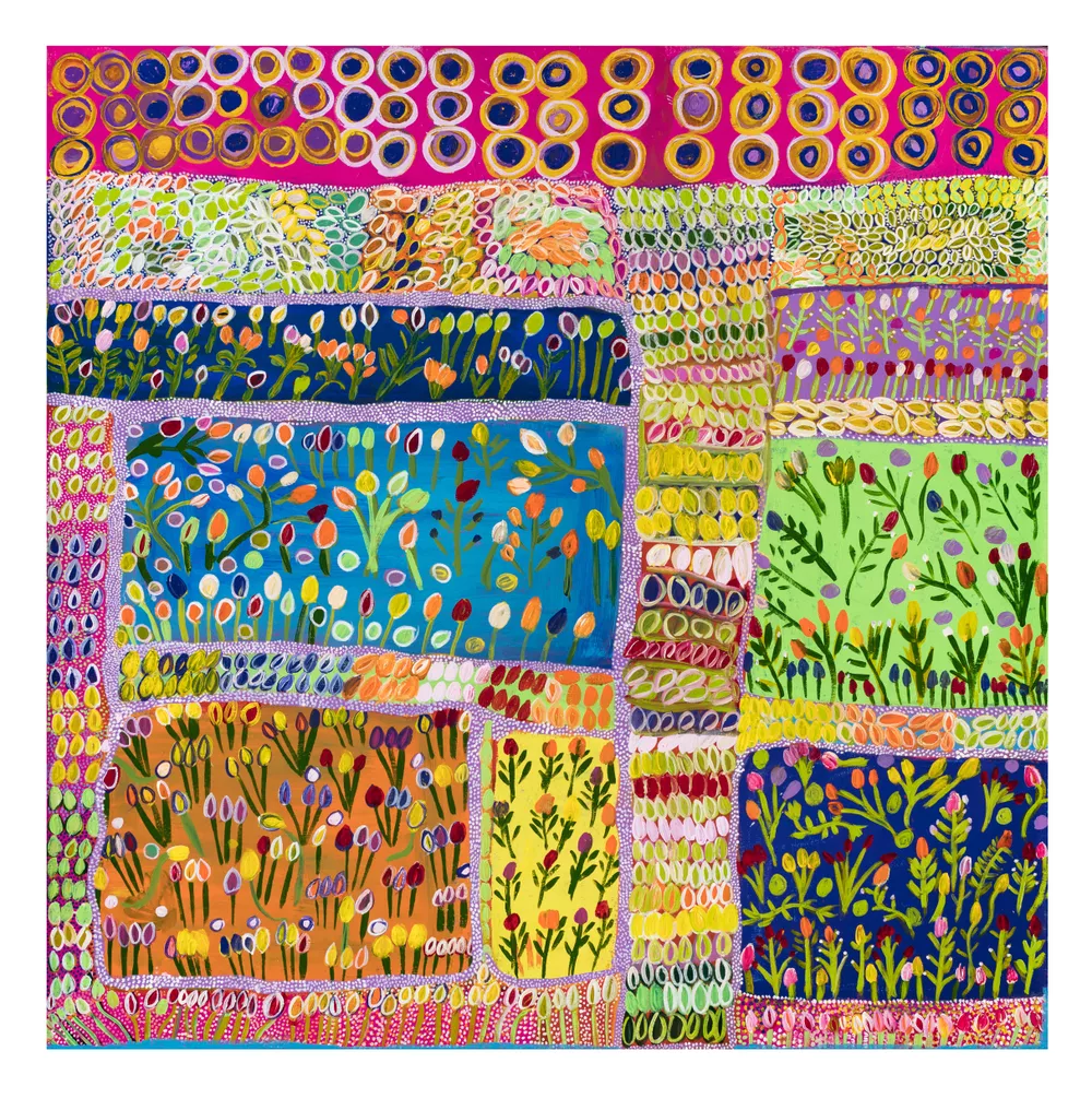 Gwenneth Blitner, Marra/Nunggubuyu people, Northern Territory, born Ngukurr, Northern Territory 1958, Ngukurr Cemetery N#3, 2021, Ngukurr, Northern Territory, synthetic polymer paint on linen, 100.0 x 100.0 cm © Gwenneth Blitner/Ngukurr Arts Aboriginal Corporation