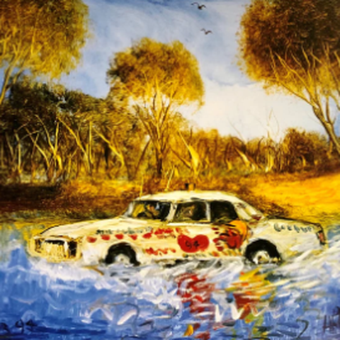 Pro Hart Signed Print - Outback Rally Car in Creek