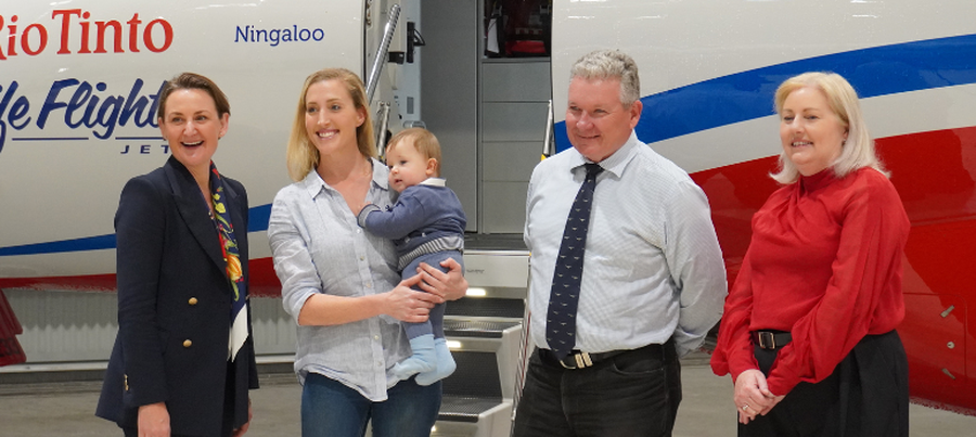 WA Minister for Health Amber-Jade Sanderson MLA alongside WACHS Chief Executive Jeff Moffet, RFDS WA CEO Judith Barker ASM and RFDS patient Ella.