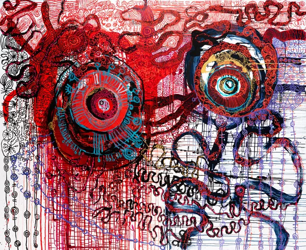 A First Nations painting made up of vibrant red and purple paints