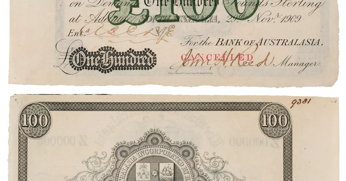 Bank of Australasia speciman one hundred pounds, bank note number ...