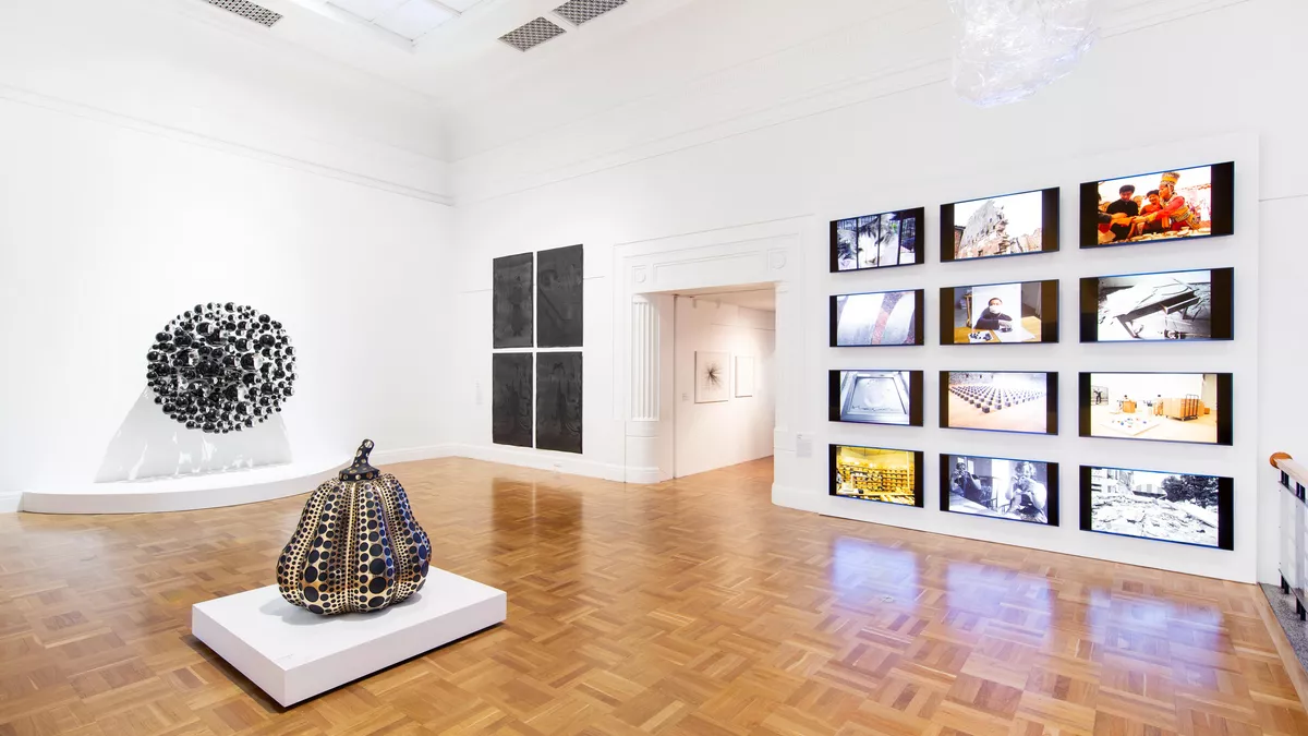 installation view: True Self, 2021, featuring Olafur Eliasson, Dark matter collective, Yayoi Kusama, Pumpkin, works from Lindy Lee’s True Chi’en series and  Ai Weiwei 258 Fake,  Art Gallery of South Australia, Adelaide