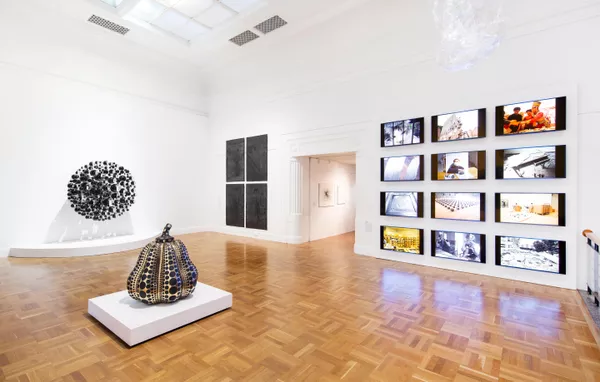 installation view: True Self, 2021, featuring Olafur Eliasson, Dark matter collective, Yayoi Kusama, Pumpkin, works from Lindy Lee’s True Chi’en series and  Ai Weiwei 258 Fake,  Art Gallery of South Australia, Adelaide
