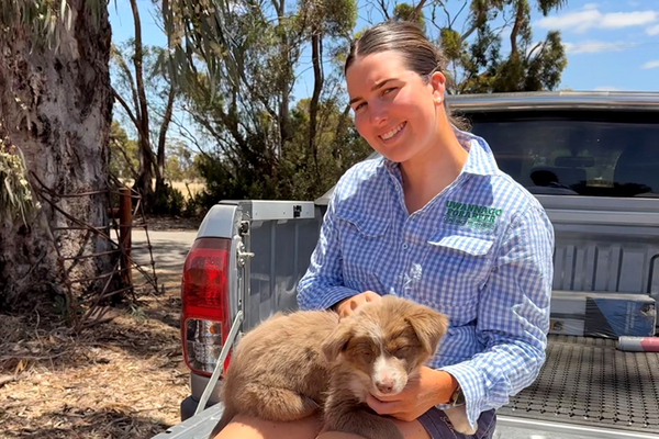 Animal-lover Bella at home recovering in Broken Hill with Sadie.