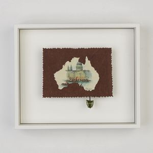 Framed artwork of the continent of Australia made from various Australiana memorabilia