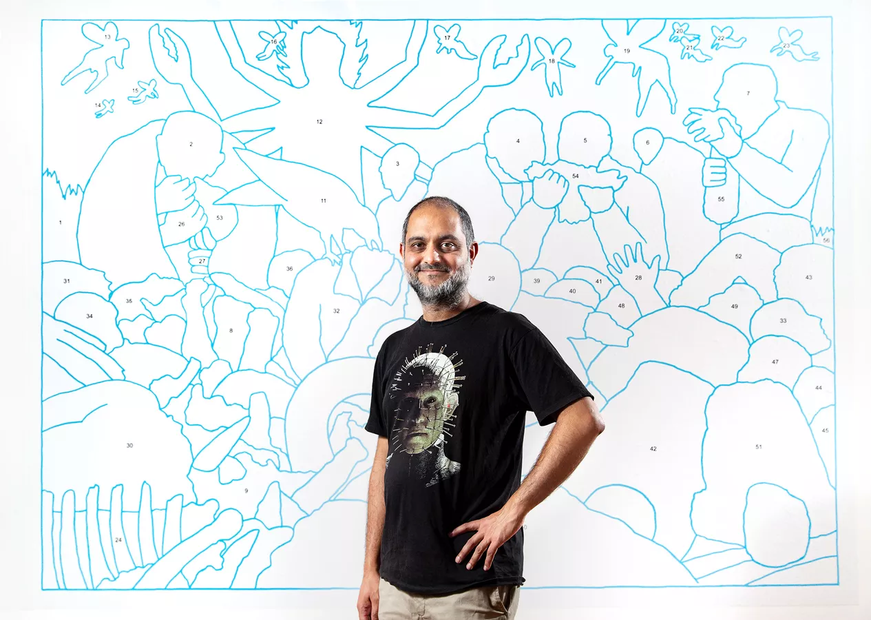 Roy Ananda in front of his work, Annotation, SALA 2021.